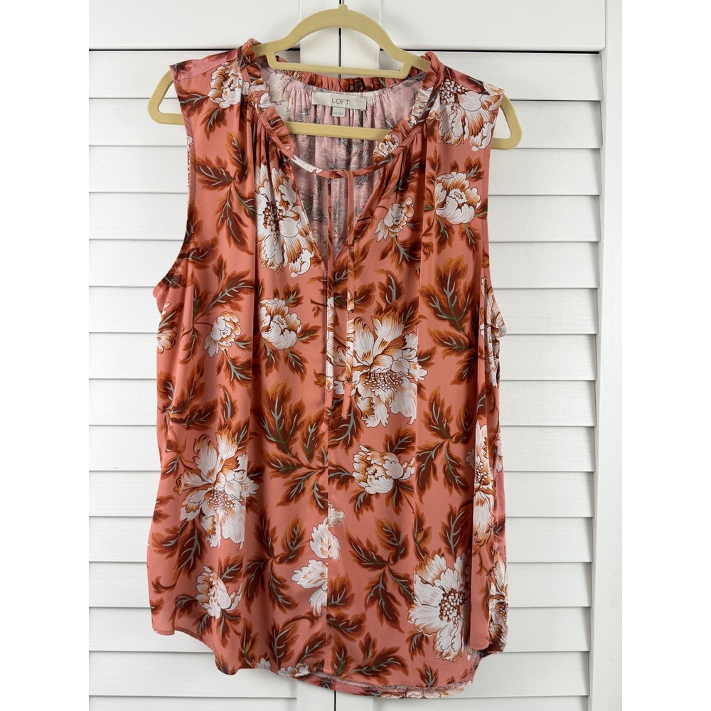 LOFT Floral Sleeveless Blouse Women XXL Pink Orange Split Neck Ruffle Shell